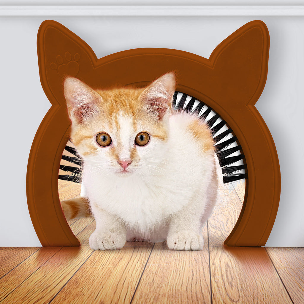 PAWSM interior cat door - chestnut - cat shaped cat door with grooming brush - kitty door - pet door