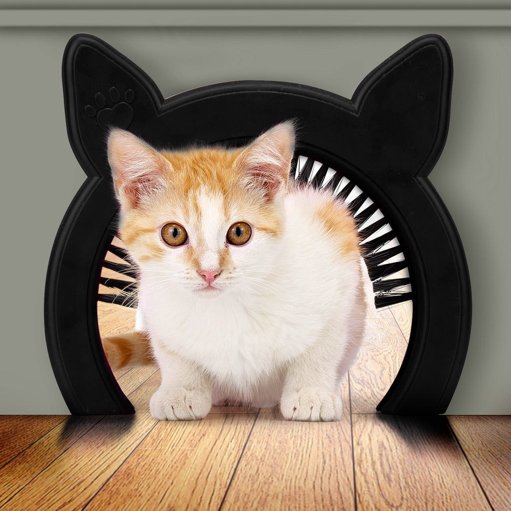 PAWSM interior cat door - black - cat shaped cat door with grooming brush - kitty door - pet door